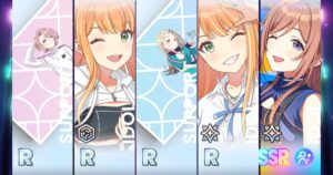 学園アイドルマスターの10連ガシャ結果画面。右端にSSRのプロデュースアイドル
