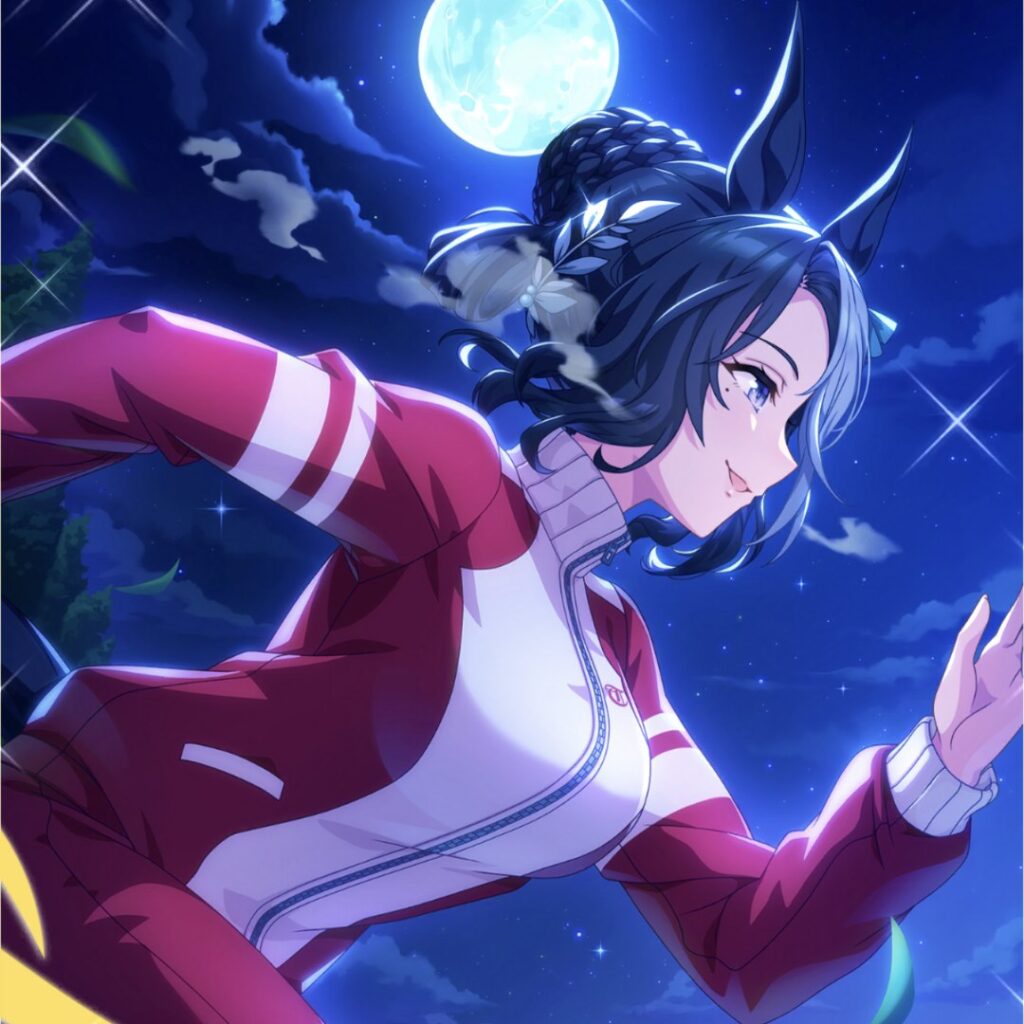 ウマ娘 SR［月下麗人］メジロラモーヌの獲得演出（満月の夜空とジャージ姿のラモーヌ）